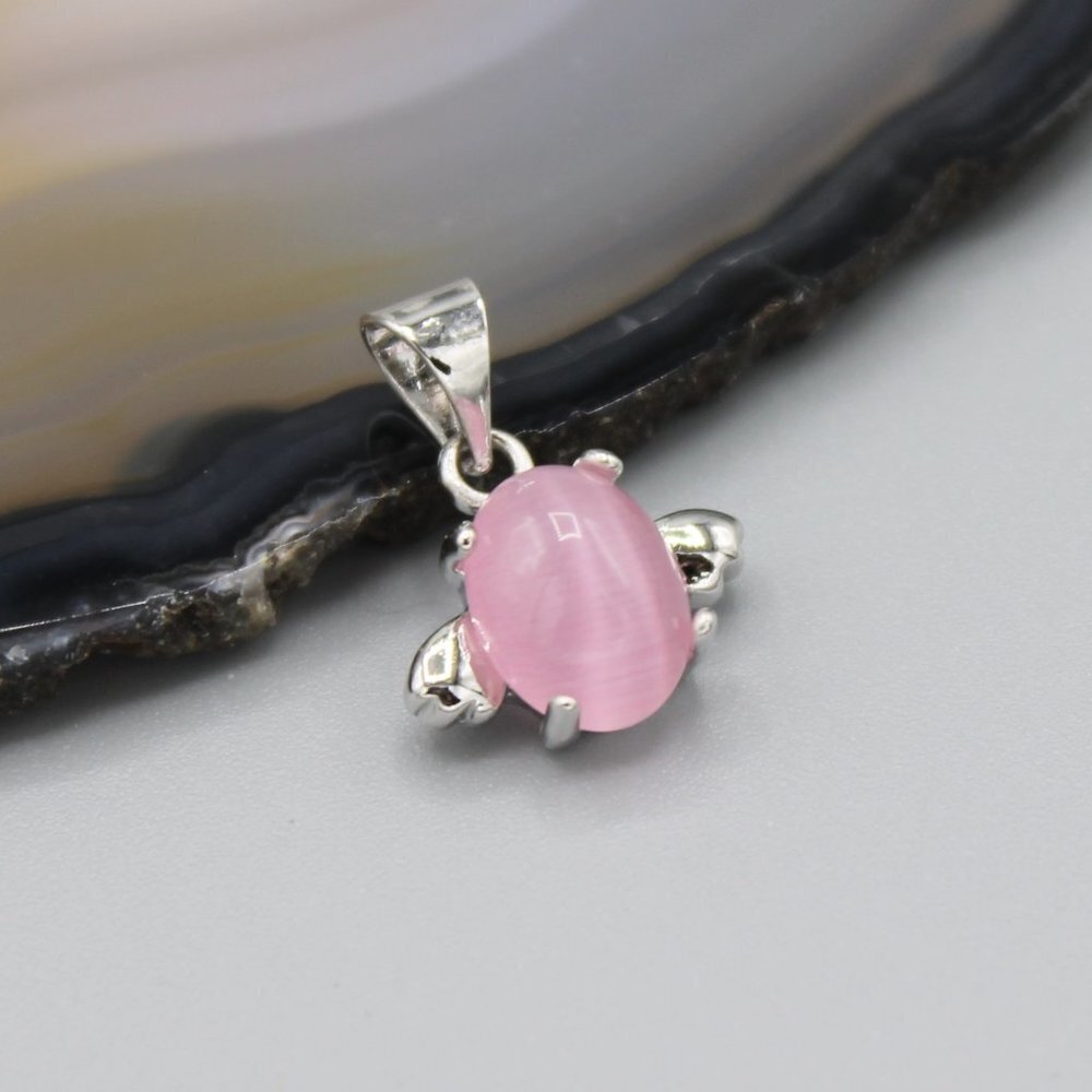 Jewelry pendant angel wing pink oval opal 925 sterling silver small dainty new